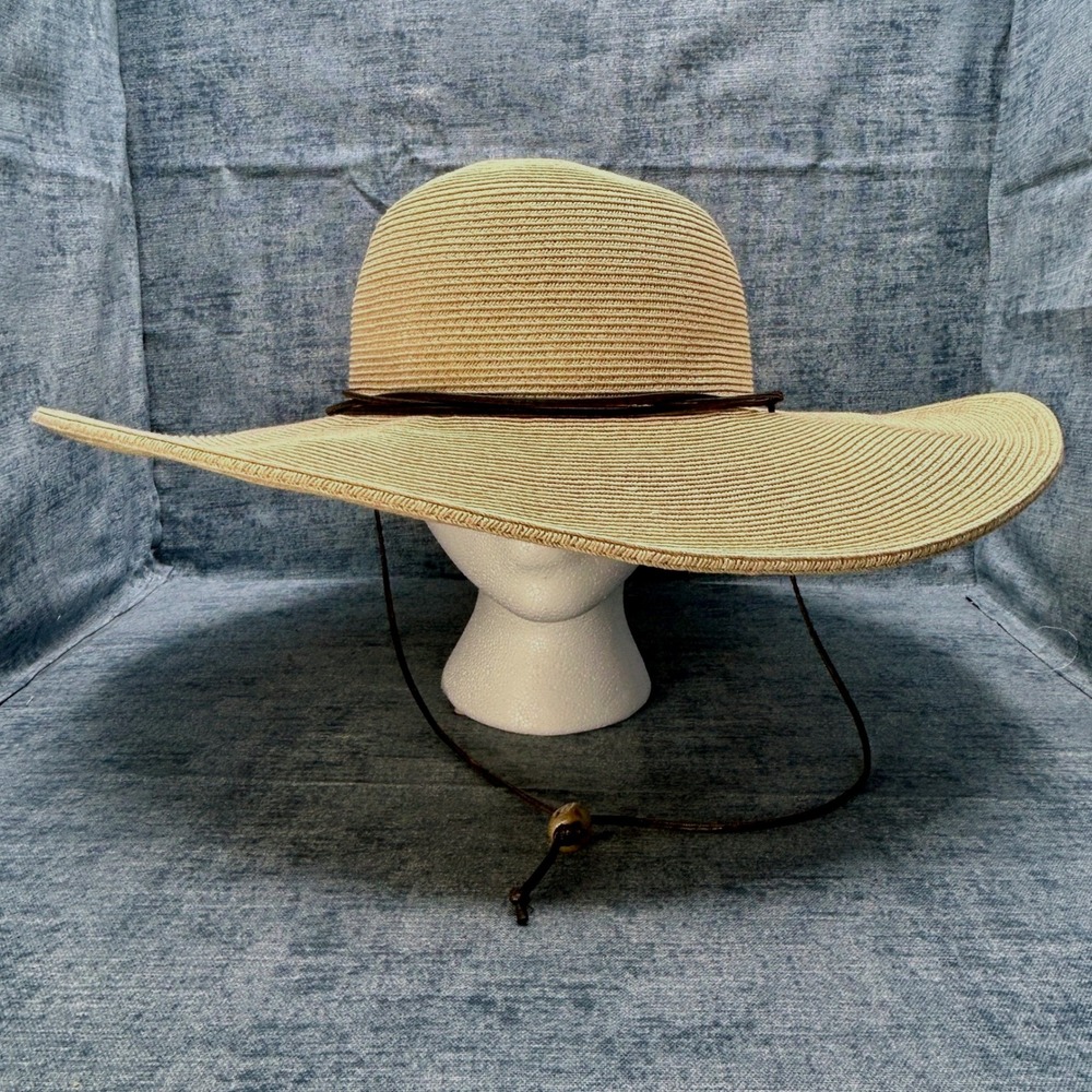 San Diego Hat Co Wide Brim Sun Hat Tan Paper Braid Black Cord Band Chin Strap